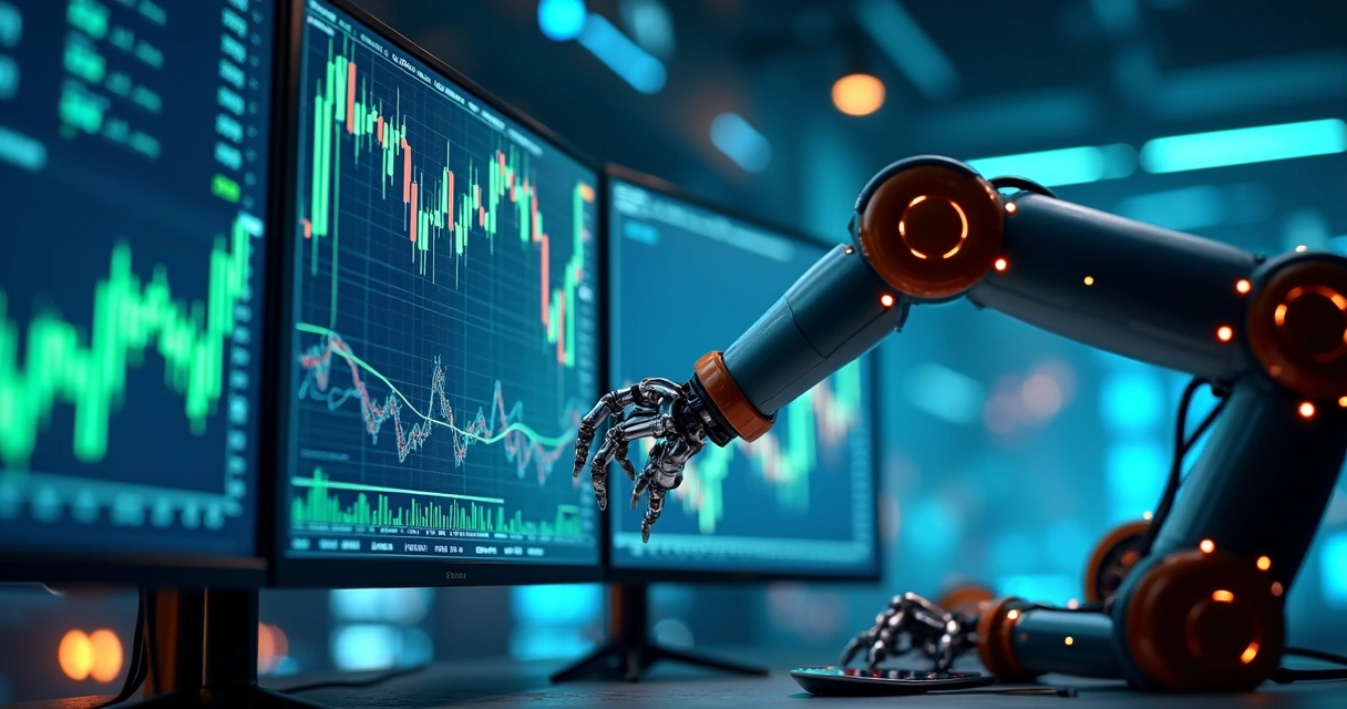 Robô investidor operando em múltiplos gráficos financeiros digitais com dados de mercado ao fundo 