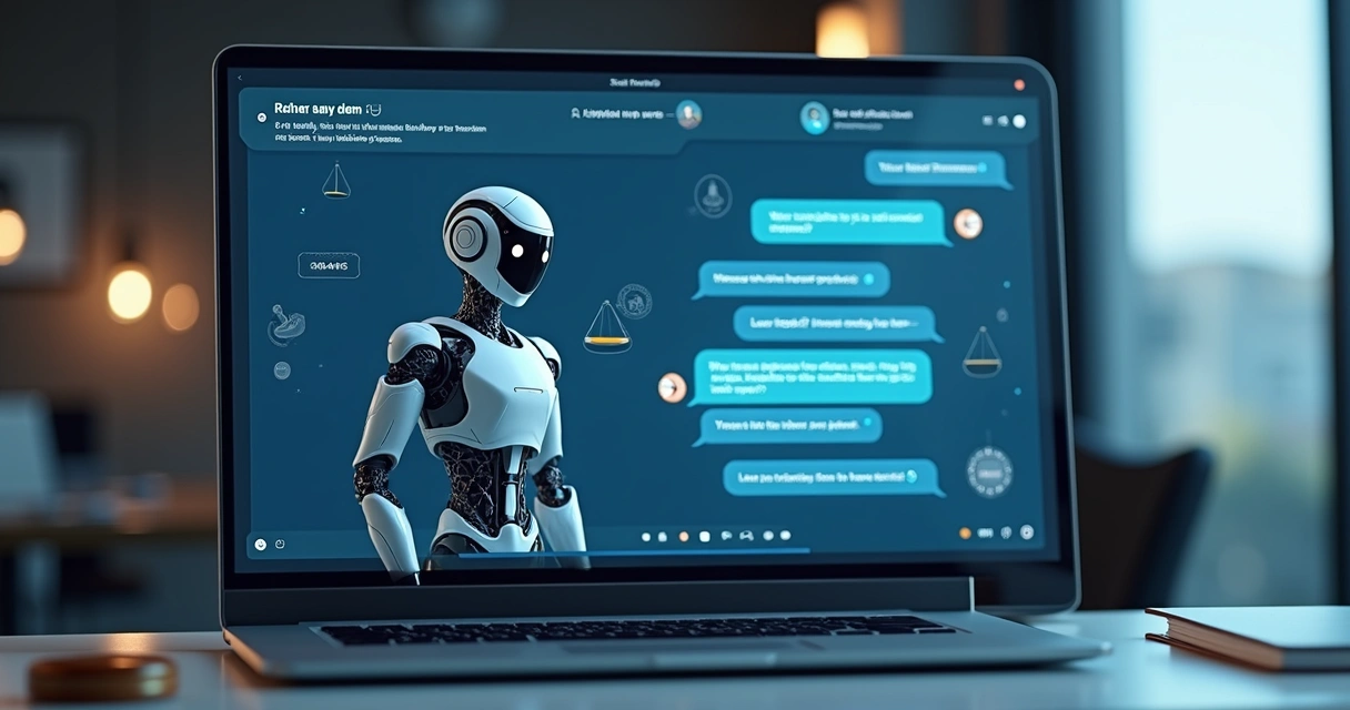 Chatbot atendendo cliente em interface web com símbolos jurídicos. 
