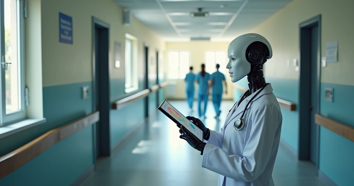 Robô médico usando tablet em hospital brasileiro