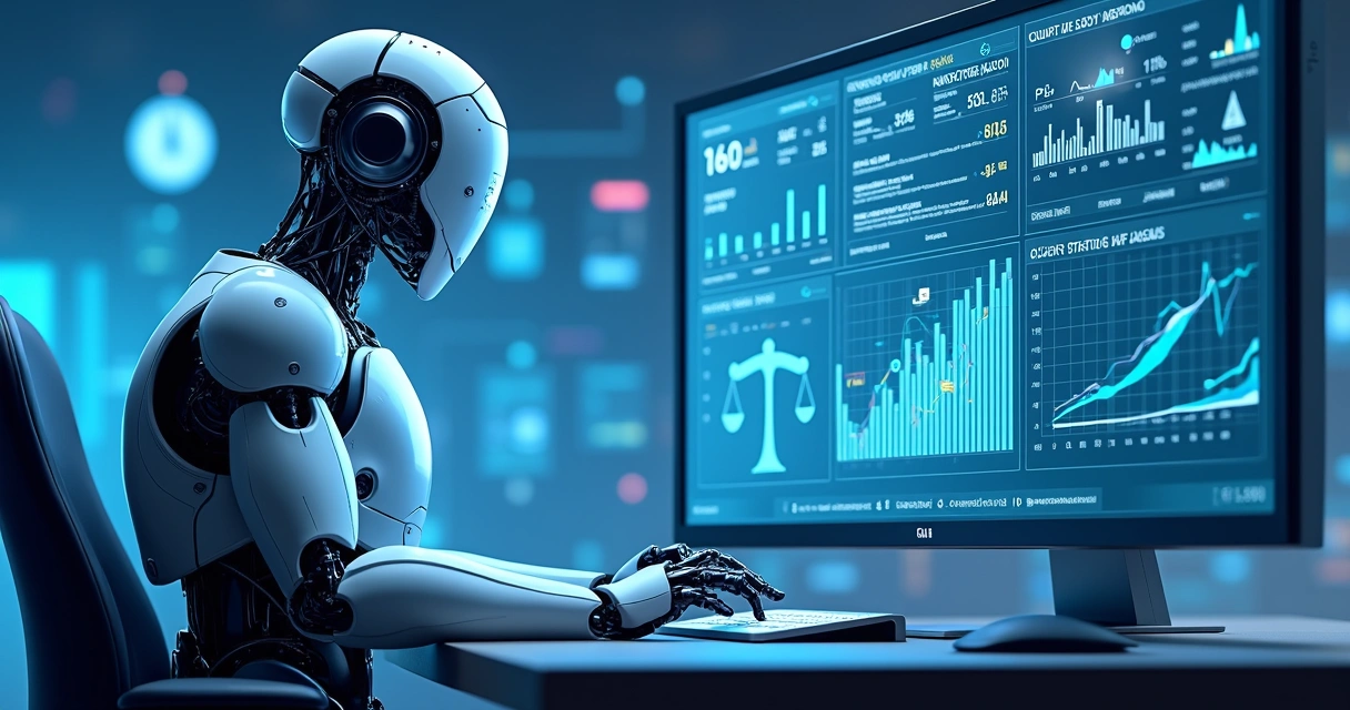 Robô analisando dados judiciais em um computador moderno 