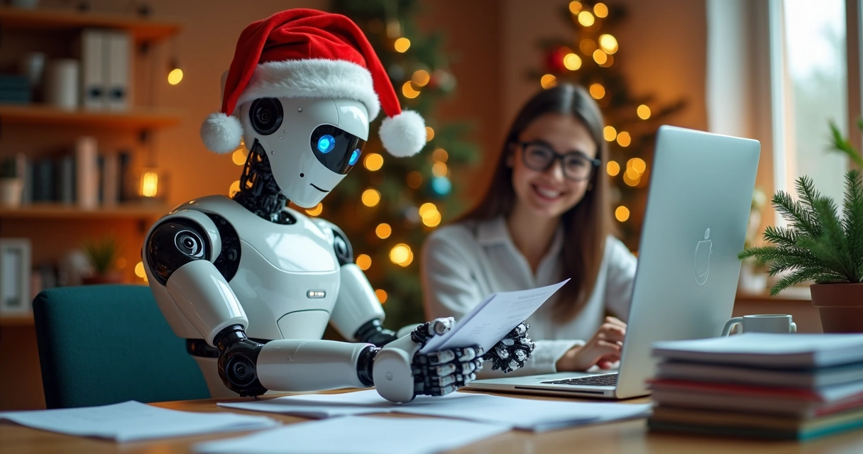 Robô natalino ajudando contadores, com planilhas e decoração de natal 