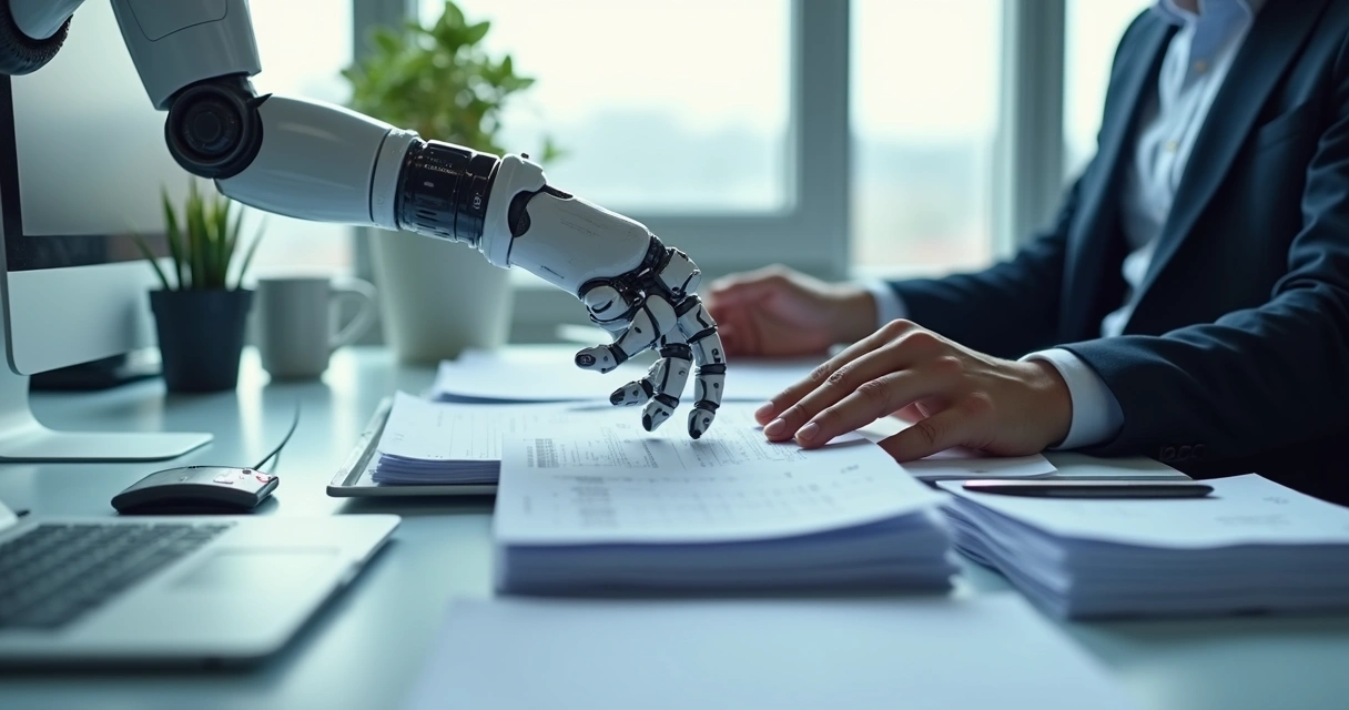 Processo de automação com robô digital e documentos fiscais na mesa 