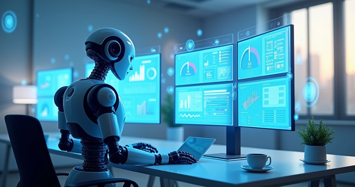 Robô digital processando relatórios 