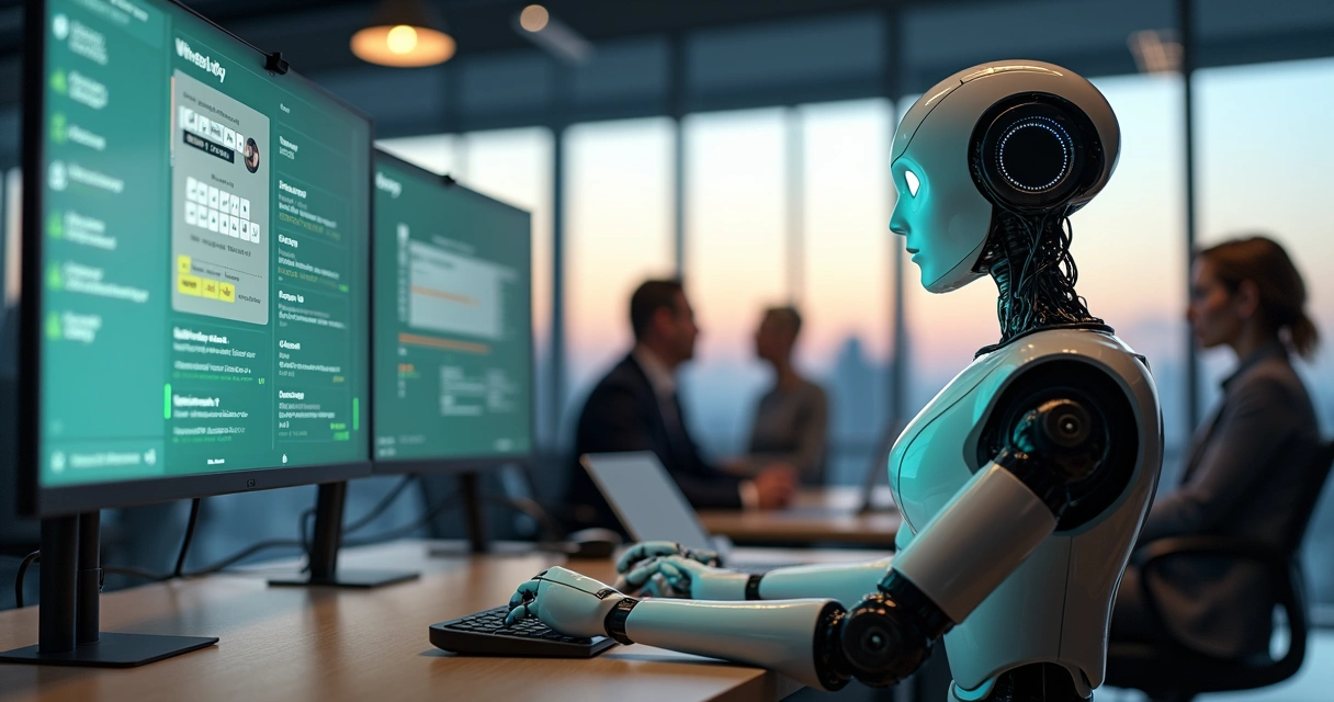 SDR IA em forma de robô atendendo lead pelo WhatsApp em escritório moderno 