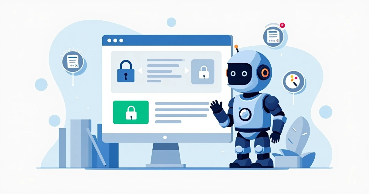 Digital robot standing in front of a web page illustration 
