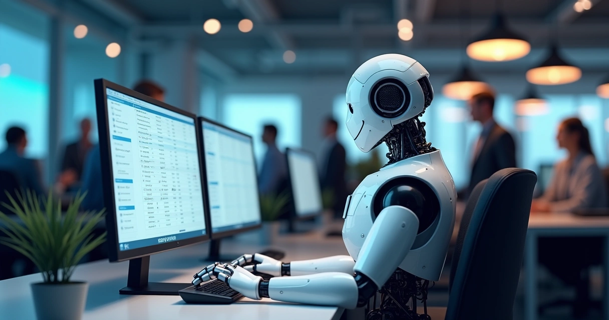Robô digital interagindo com tela de software contábil, mostrando automação de tarefas contábeis 
