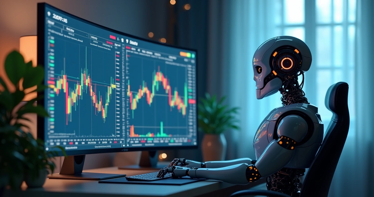 Robô de criptomoedas olhando para monitor com gráficos coloridos