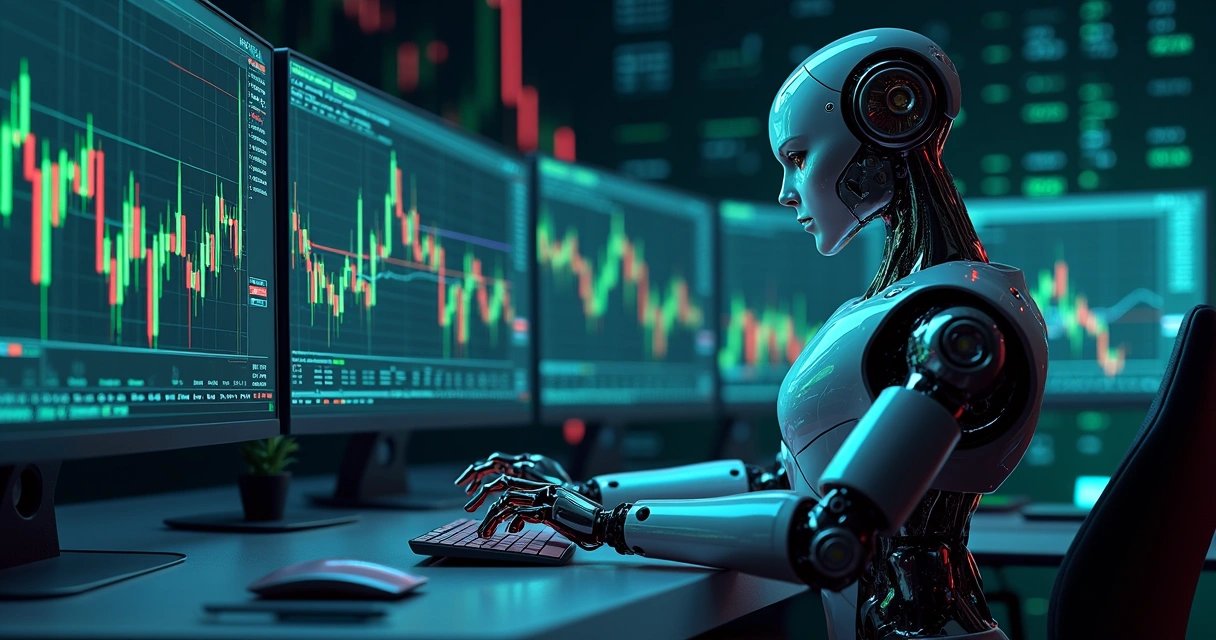 Robô trader operando em múltiplos monitores com gráficos financeiros e indicadores de mercado digitalizados 