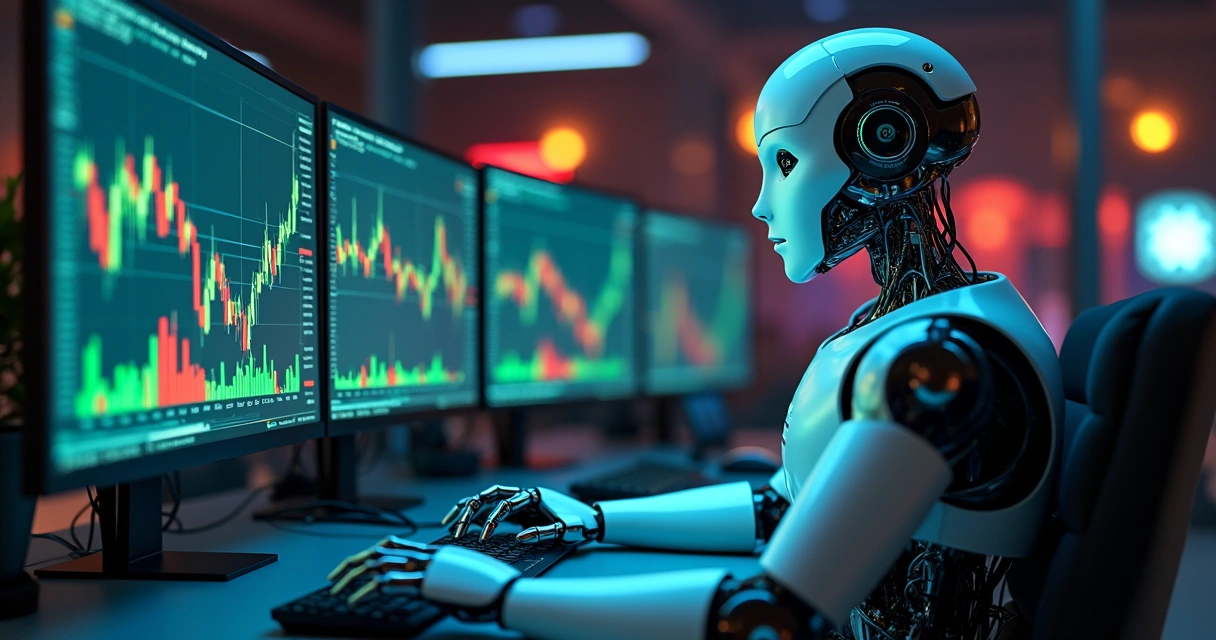 Robô de trading analisando gráficos digitais de criptomoedas