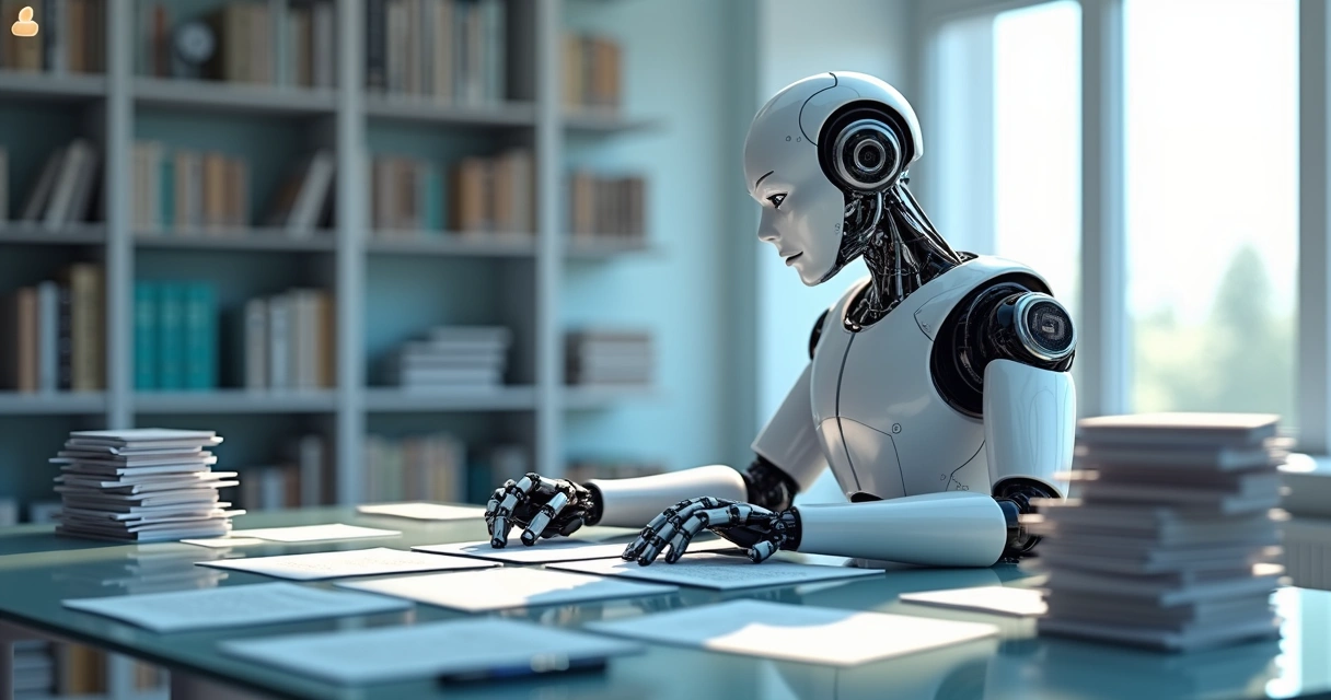 Robo sentado em mesa com pilhas de contratos em papel
