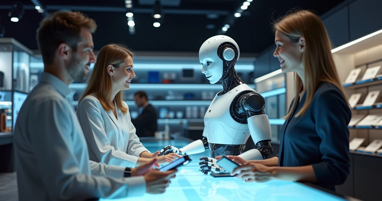 Robô digital trabalhando ao lado de equipe de vendas em uma loja moderna 