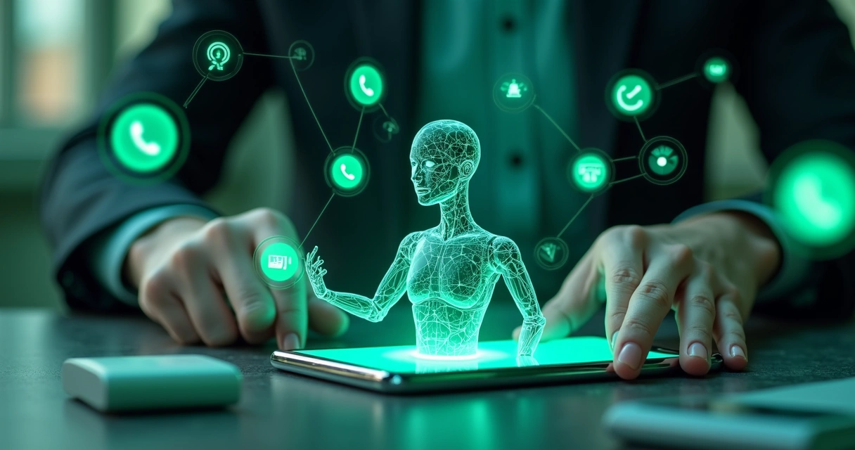 Robô virtual em tela de smartphone com ícones de conversa 