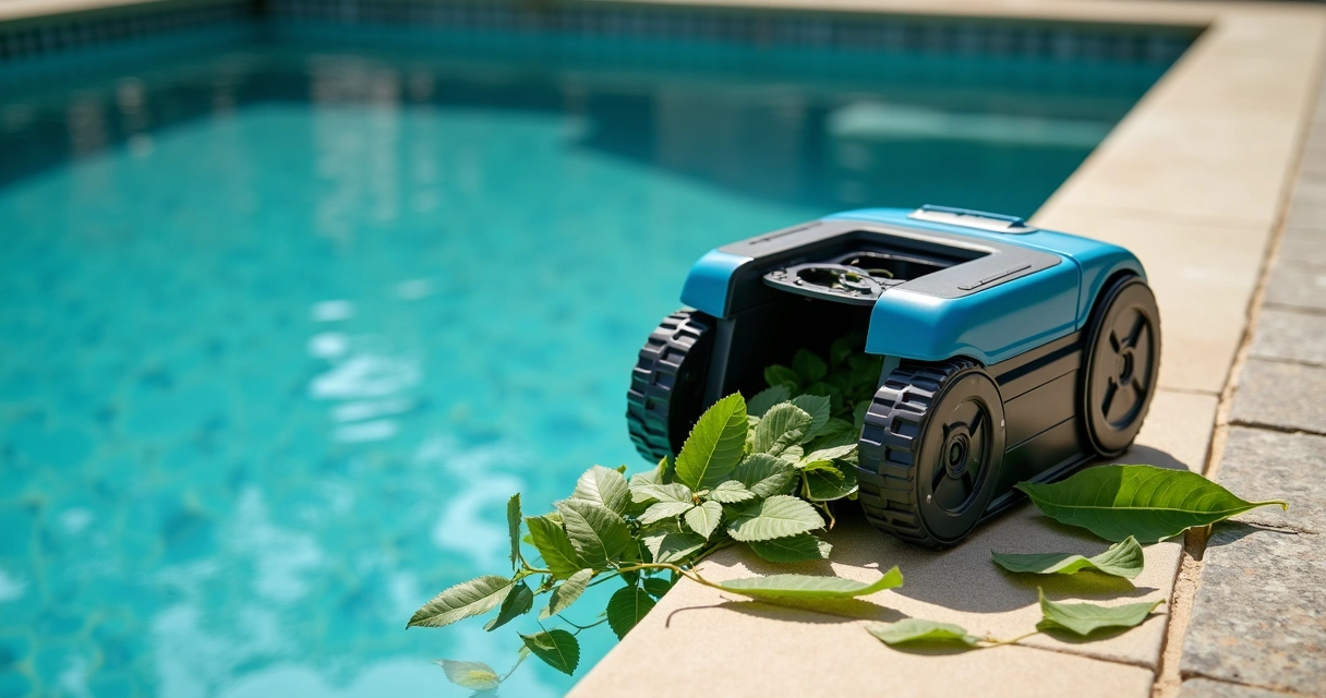 Robotic pool cleaner with an open canister filter on pool surround 