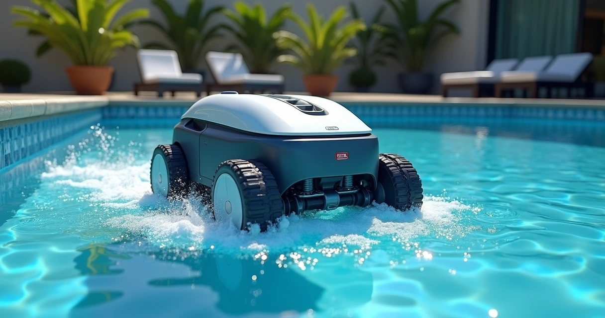 Robotic pool cleaner moving up a swimming pool wall 