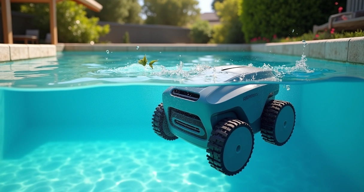 Robotic pool cleaner scrubbing the wall of a residential pool 