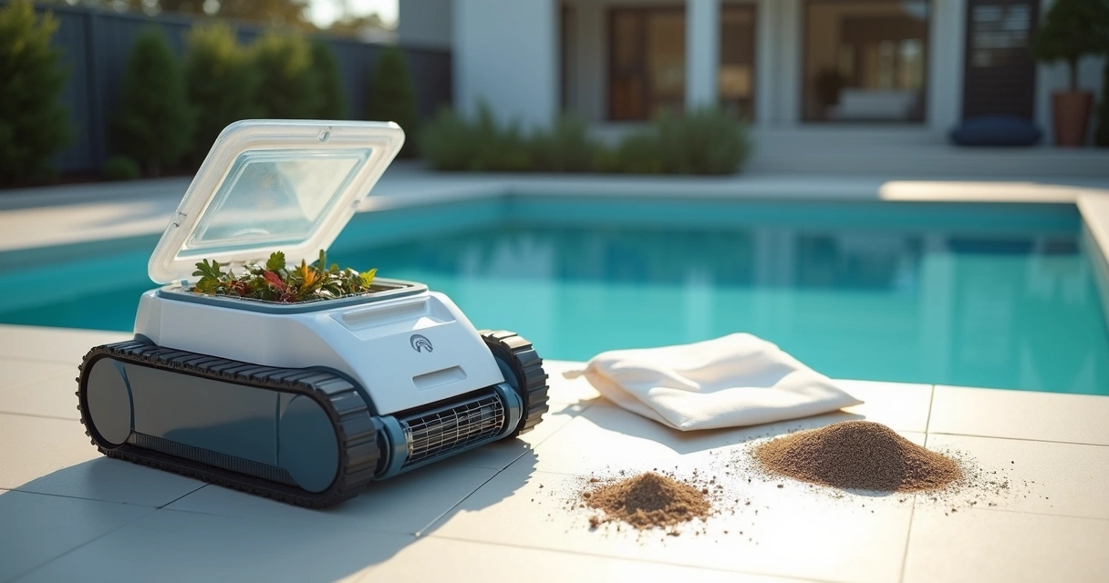 Robotic pool cleaner on poolside with open canister and filter bag next to it 