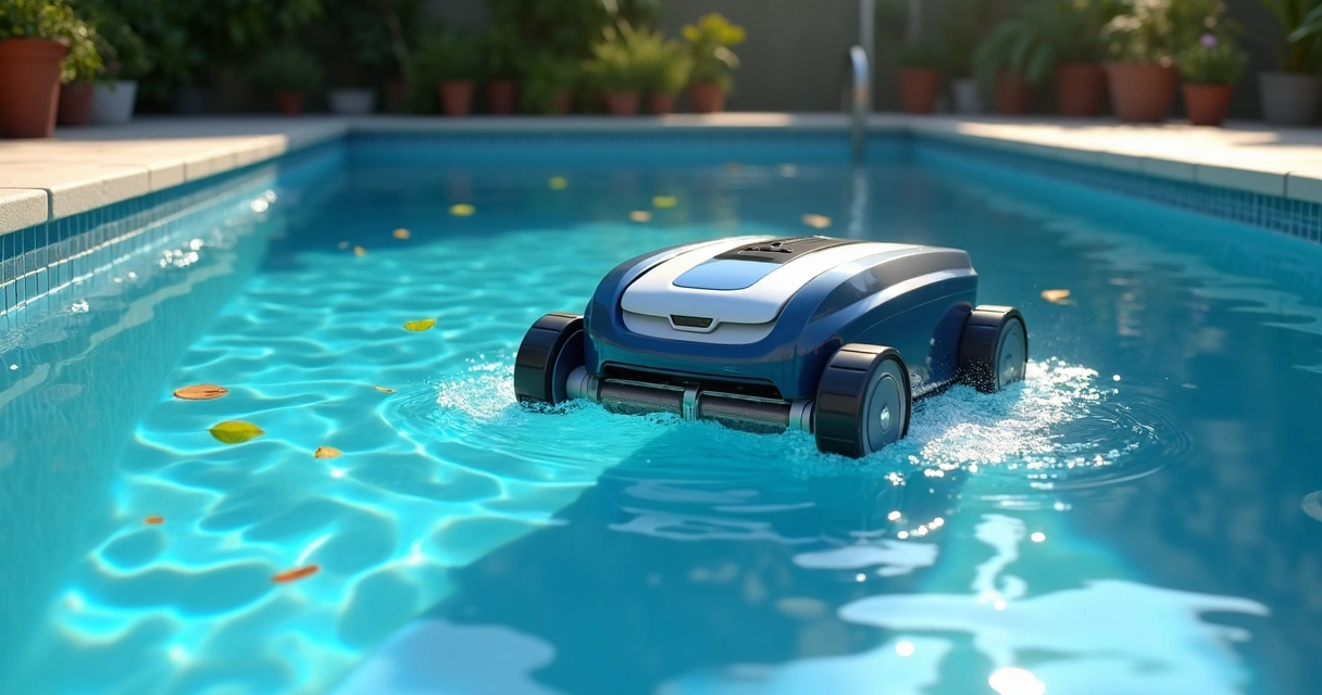 Robotic pool cleaner working underwater in a backyard swimming pool 