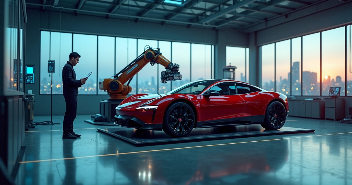 Braço robótico ajustando carro esportivo em garagem automotiva futurista 