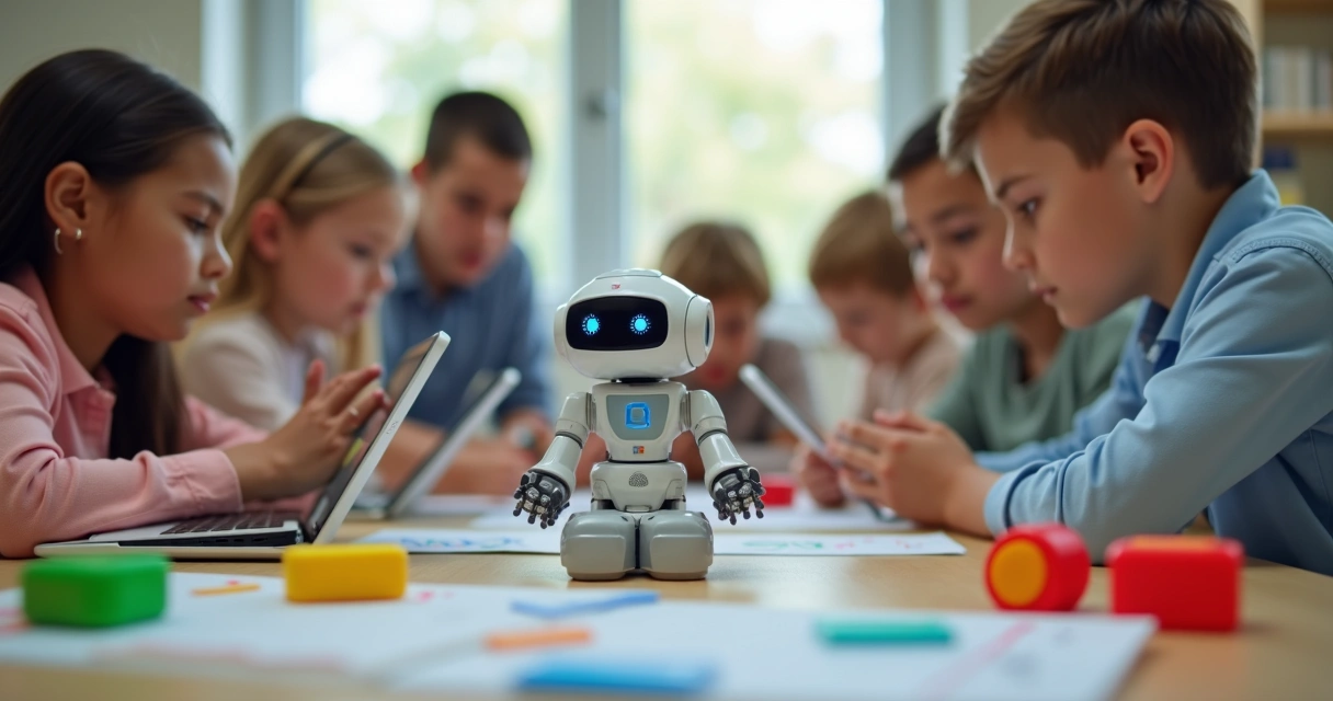 Robot interagindo com alunos em sala de aula