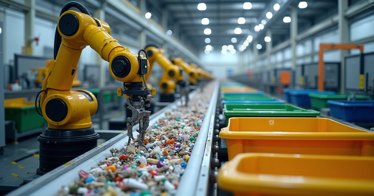 Braço robótico separando materiais recicláveis em linha de reciclagem