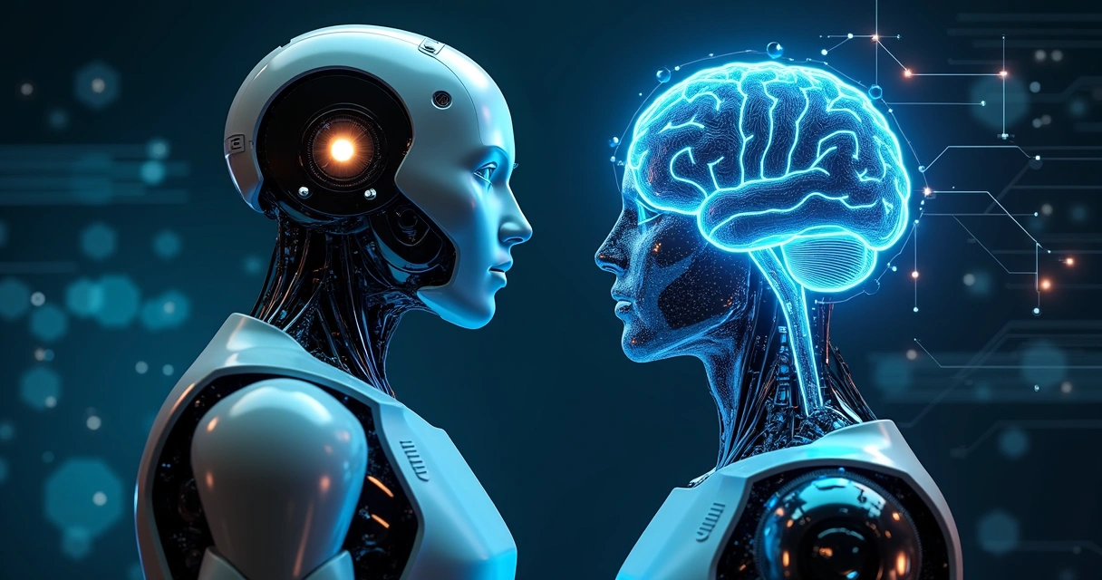 Robô digital ao lado de um cérebro artificial conectado por circuitos azuis brilhantes 