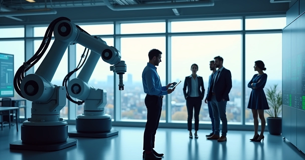 Robotics engineer with tablet in a bright, modern EU office 