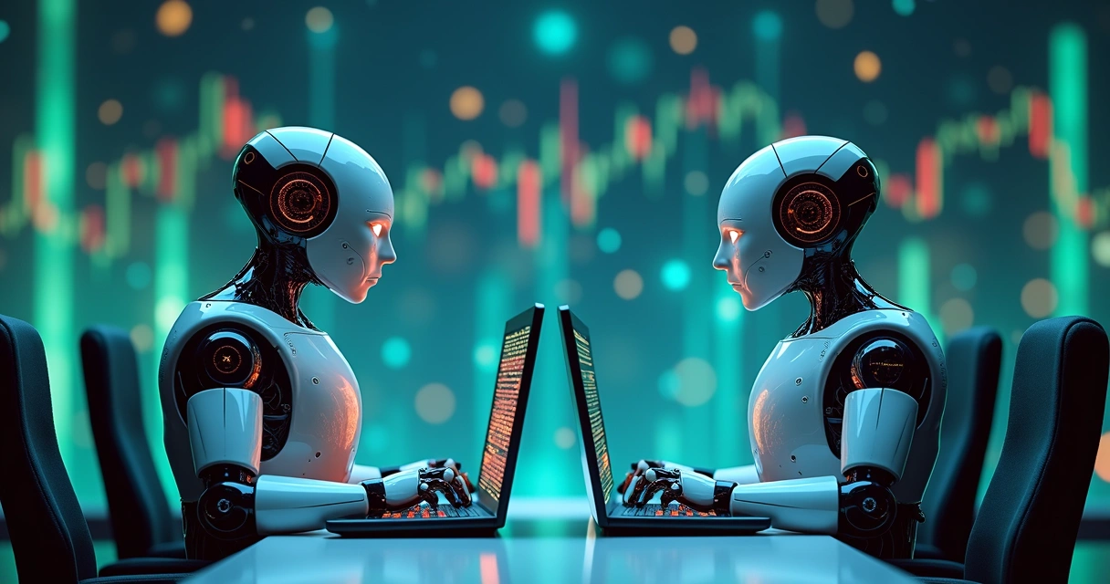 Dois robôs digitais trabalhando em computadores, com gráficos coloridos e códigos nas telas, trocando informações entre si, ilustra o conceito de migração de bots entre exchanges