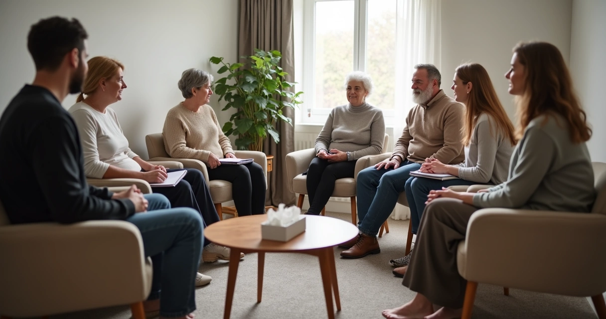 Grupo sentado em círculo em encontro de apoio emocional