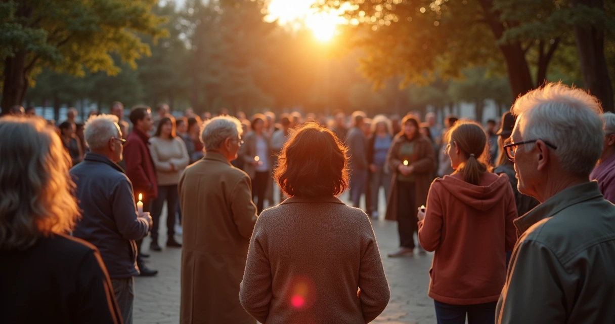 Grupo reunido em roda em praça ao entardecer 