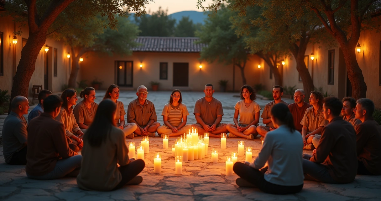 Roda comunitária com velas e pessoas em escuta 