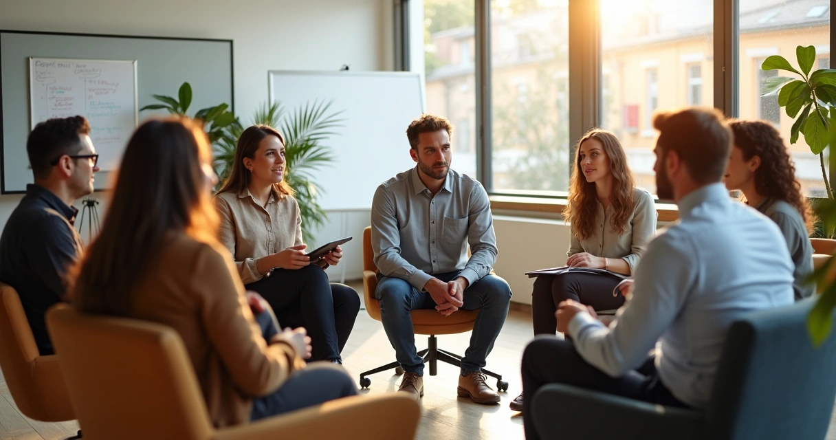 Equipe participando de roda de conversa em escritório