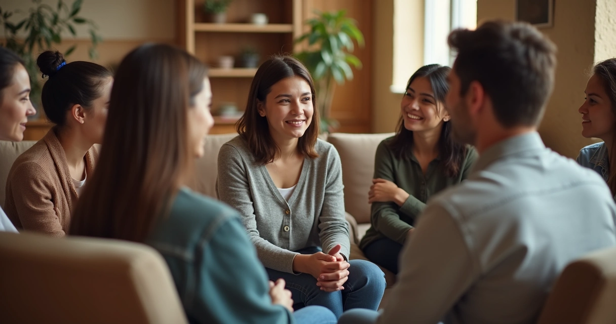 Pessoas em roda de conversa trocando olhares compassivos 