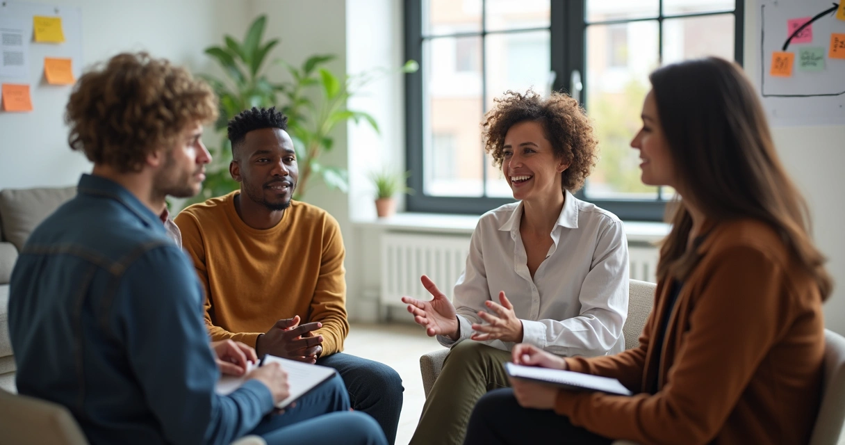 Profissionais em roda de conversa transformando críticas em diálogo construtivo 