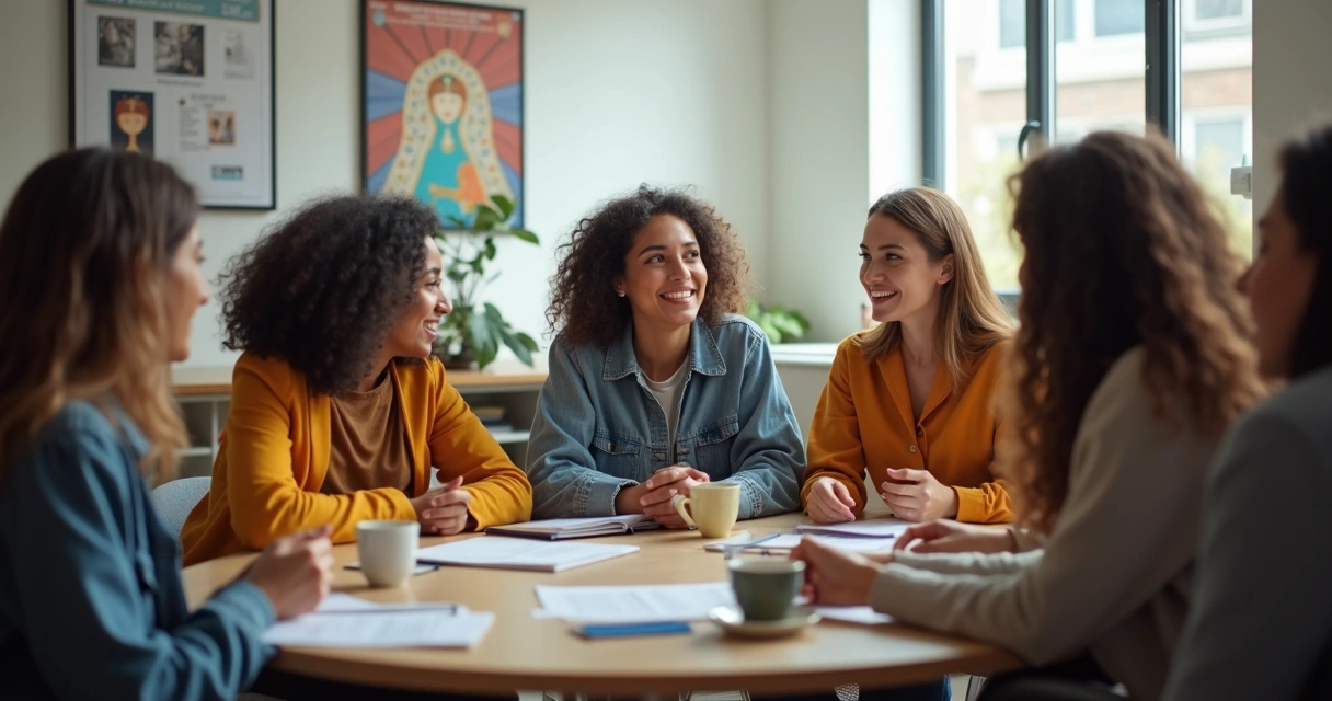 Grupo de pessoas diversas em roda de conversa 