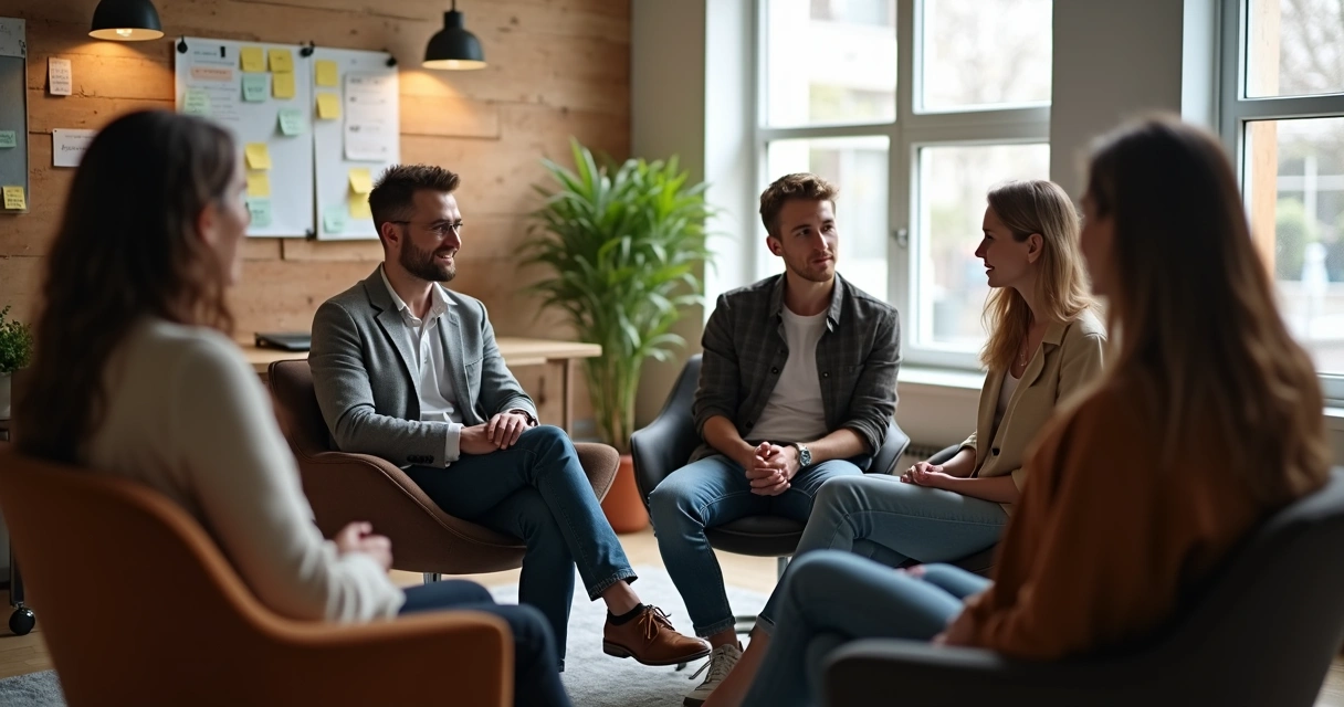 Grupo de colegas sentados conversando em roda na empresa 