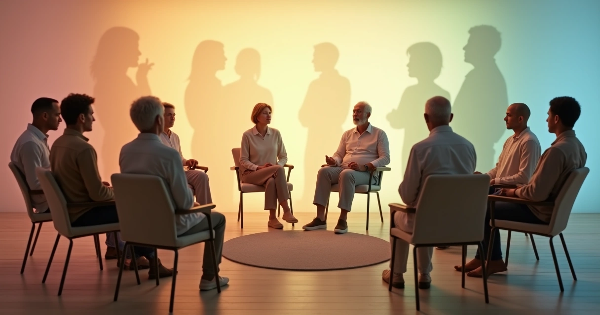 Grupo em círculo com silhuetas projetadas na parede atrás 