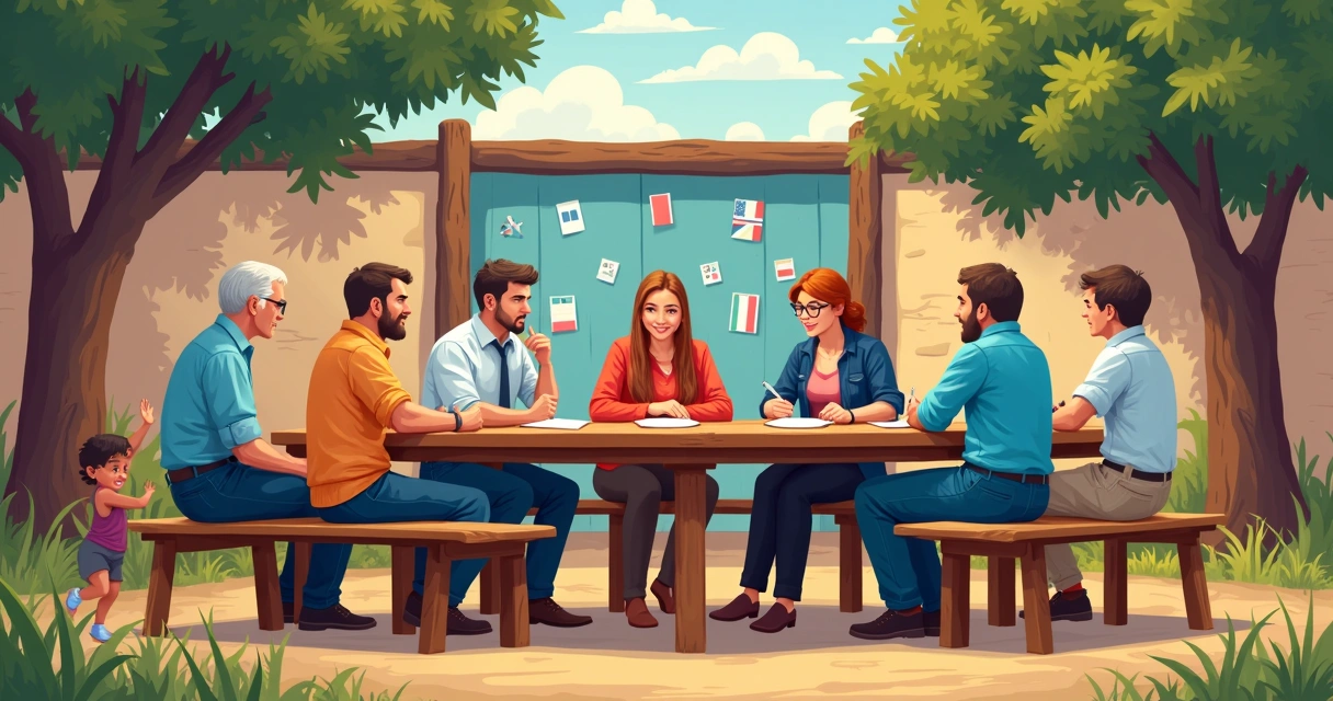 Roda de conversa comunitária em ambiente rural com cartazes políticos ao fundo