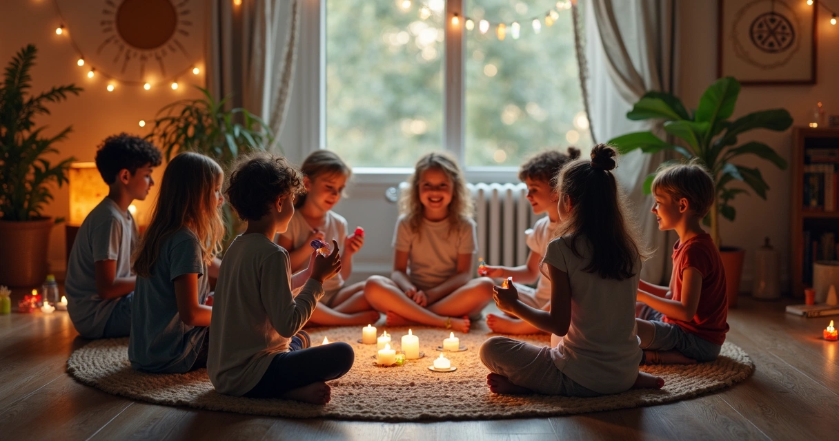 Crianças sentadas em círculo durante atividade espiritual com velas e símbolos coloridos 