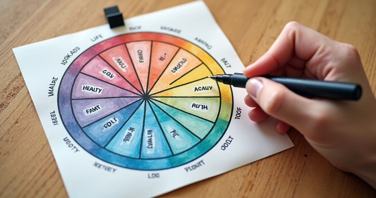 Roda da Vida colorida preenchida com notas diferentes para cada área