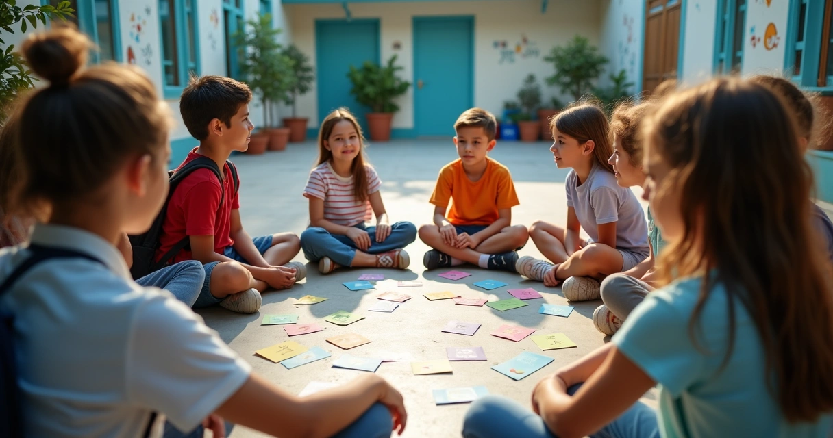 Alunos em roda no pátio escolar compartilhando cartões de empatia 