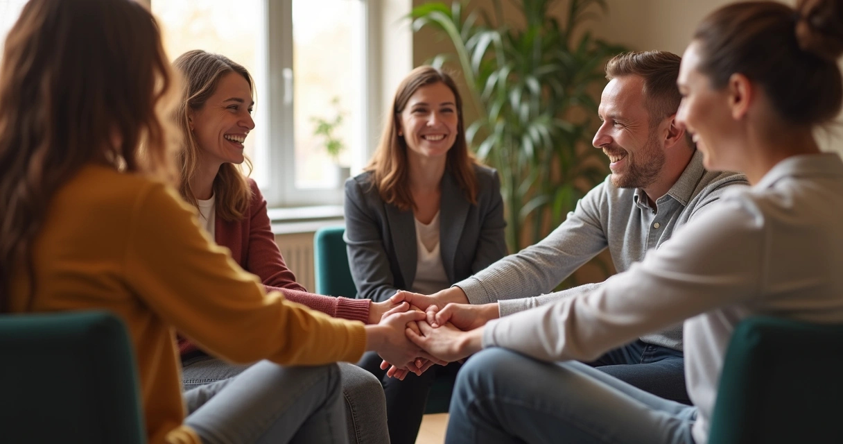 Grupo de pessoas sorrindo sentados em círculo fazendo roda de apoio 