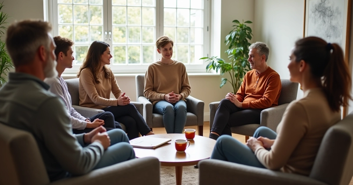 Grupo em roda conversando em ambiente acolhedor 