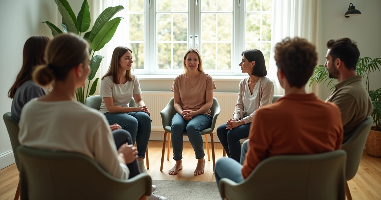 Pequeno grupo em conversa acolhedora de apoio emocional