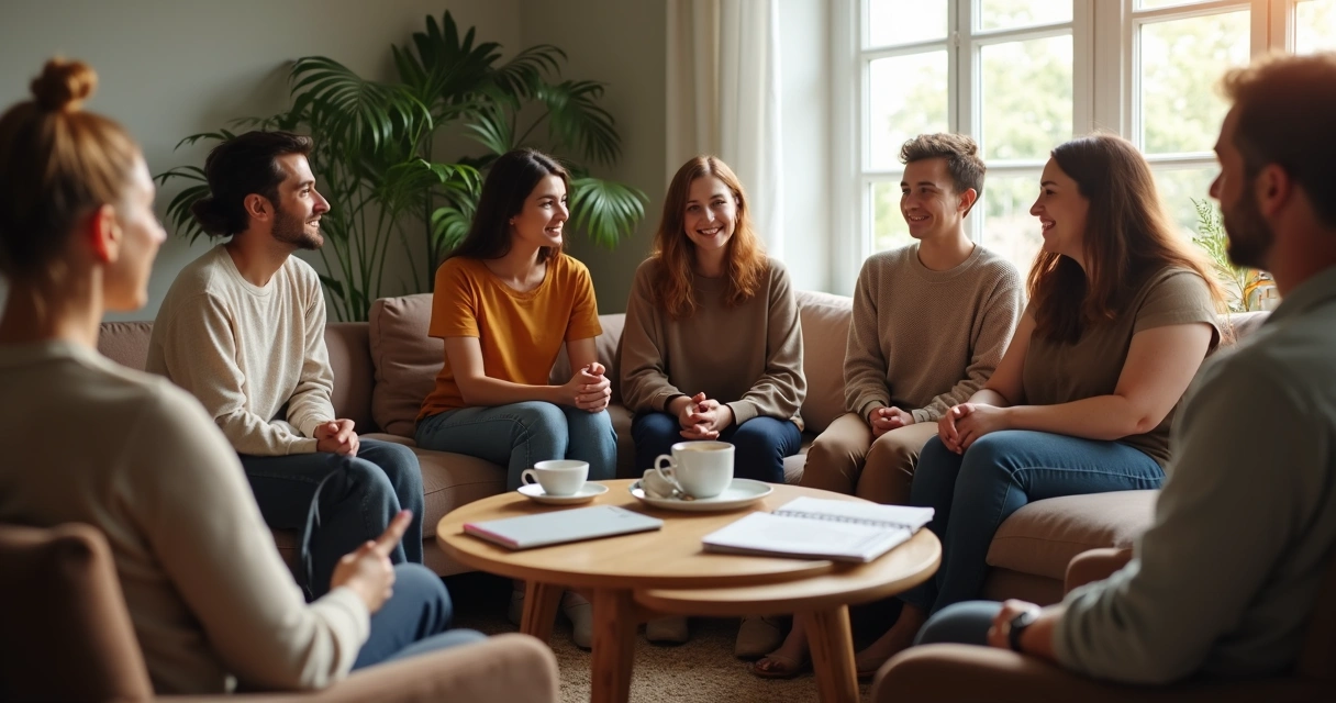 Grupo em roda conversando com atenção em ambiente acolhedor