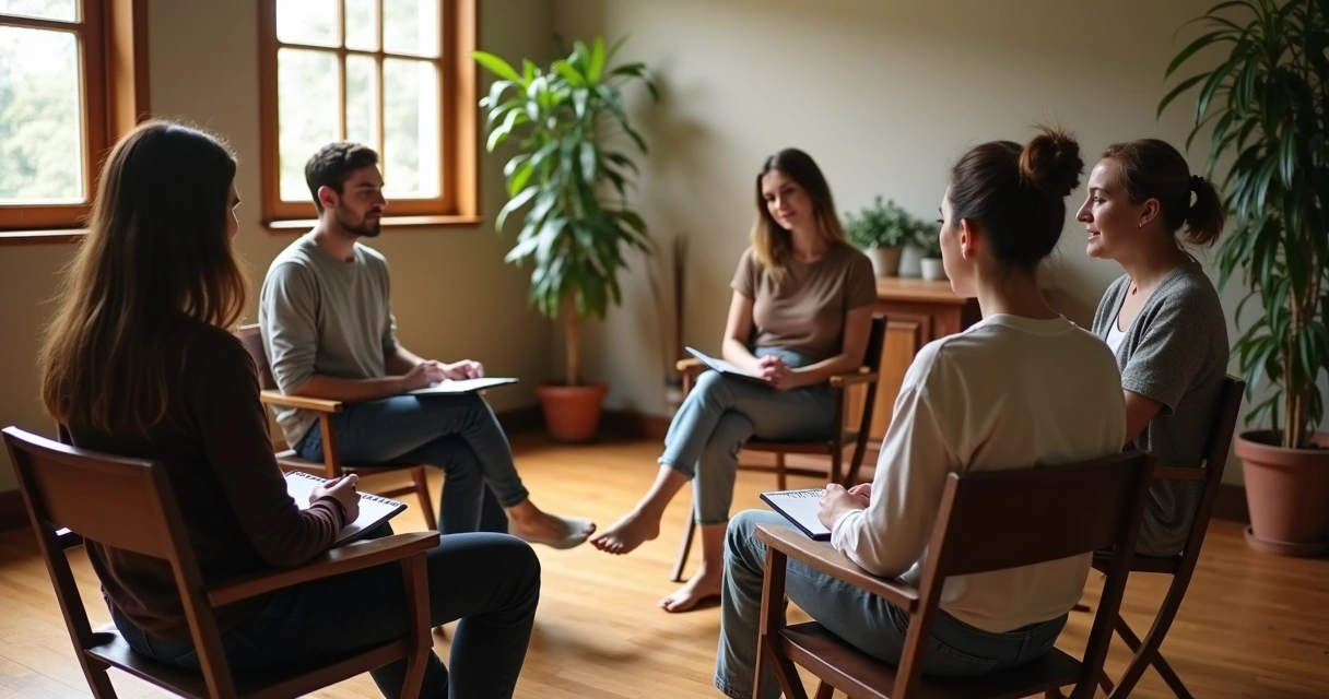 Grupo em roda conversando com atenção
