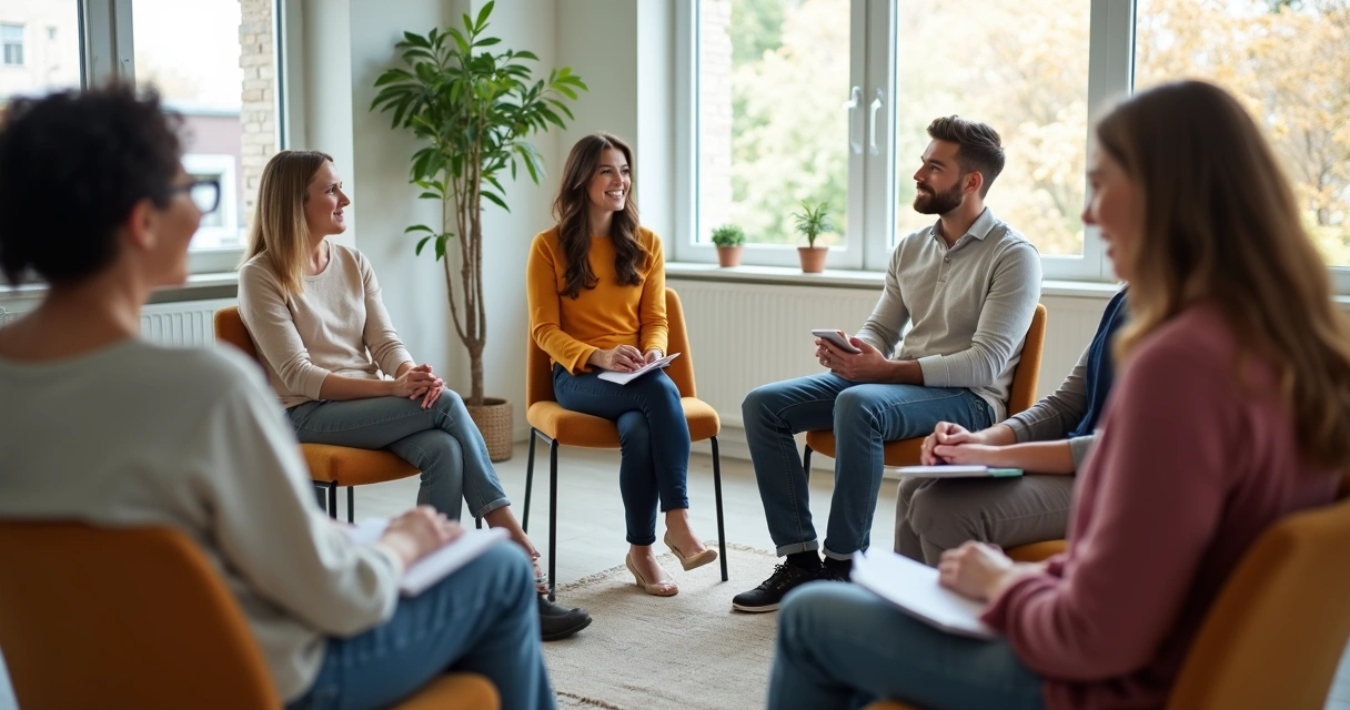 Pessoas sentadas em roda conversando com atenção 