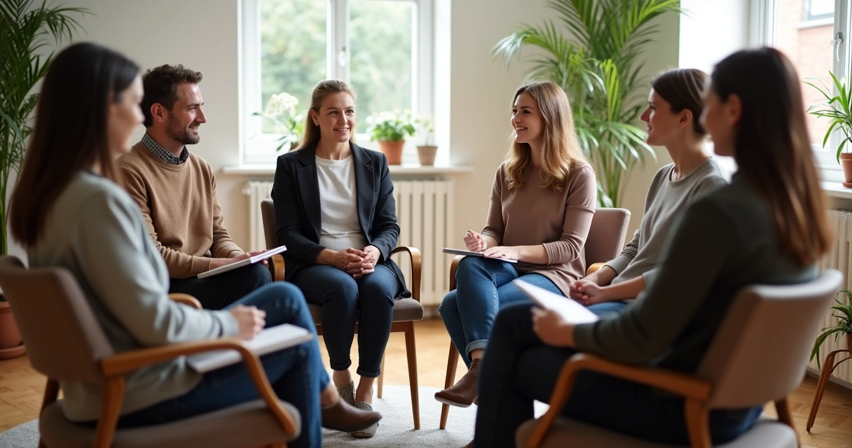 Pessoas sentadas em roda de conversa em ambiente acolhedor