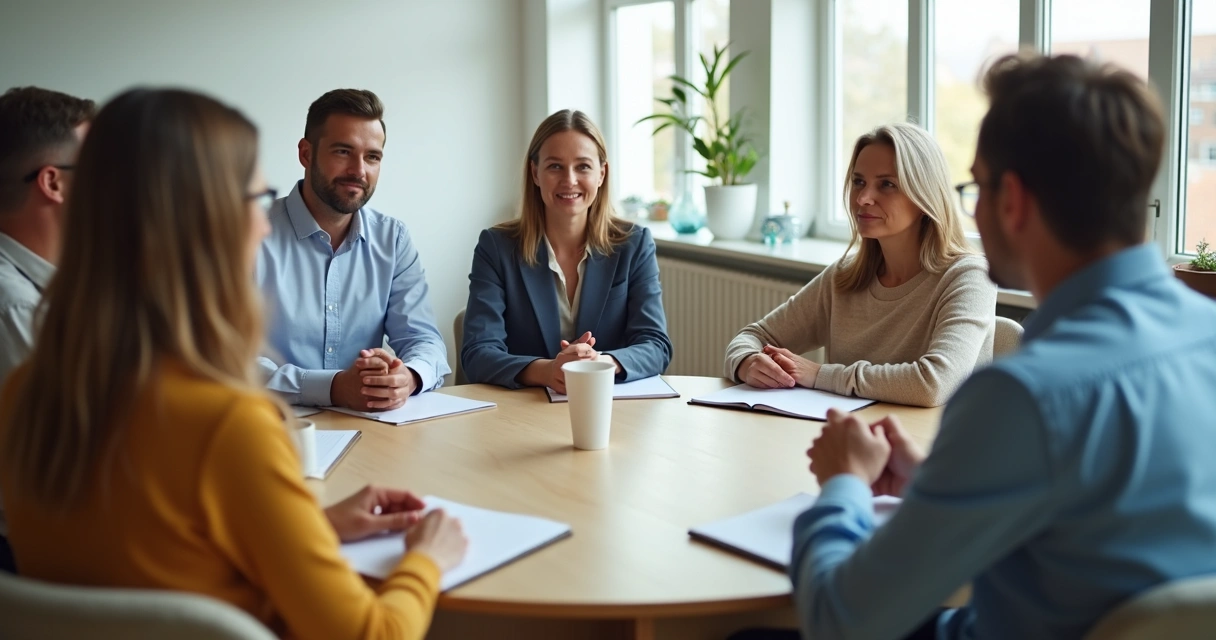 Pessoas sentadas em roda conversando com atenção 