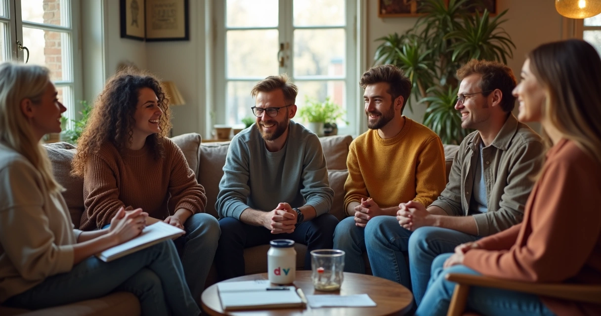 Grupo sentado em círculo conversando em ambiente agradável