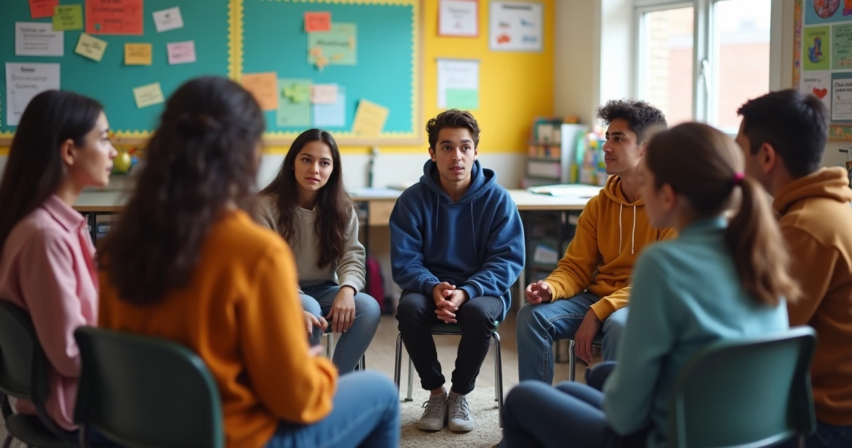 Roda de conversa entre alunos sentados em círculo na sala de aula. 
